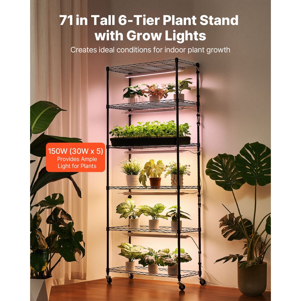 Ράφι φυτών VEVOR με Grow Light, Βάση φυτών εσωτερικού χώρου 6 επιπέδων, ράφι προβολής φυτών ύψους 180 cm με ρόδες & χρονοδιακόπτη 4/9/14 ωρών, φώτα ανάπτυξης πλήρους φάσματος 150 W 3 χρωμάτων, θήκη για γλάστρα για σπόρους