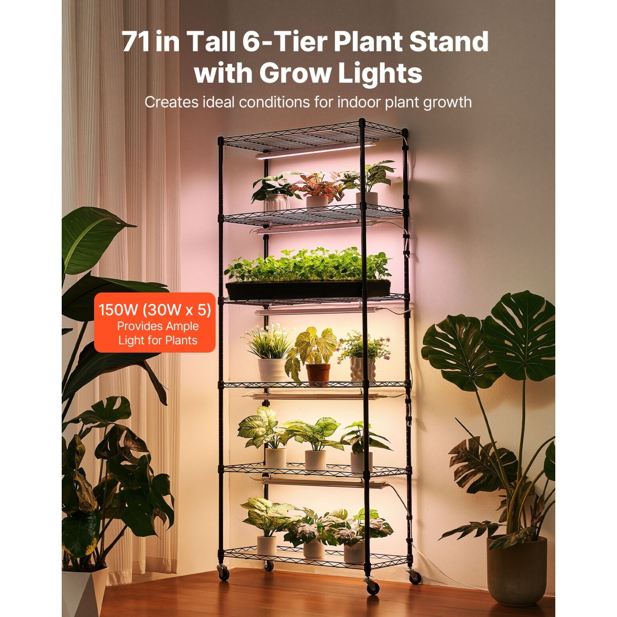 Ράφι φυτών VEVOR με Grow Light, Βάση φυτών εσωτερικού χώρου 6 επιπέδων, ράφι προβολής φυτών ύψους 180 cm με ρόδες & χρονοδιακόπτη 4/9/14 ωρών, φώτα ανάπτυξης πλήρους φάσματος 150 W 3 χρωμάτων, θήκη για γλάστρα για σπόρους