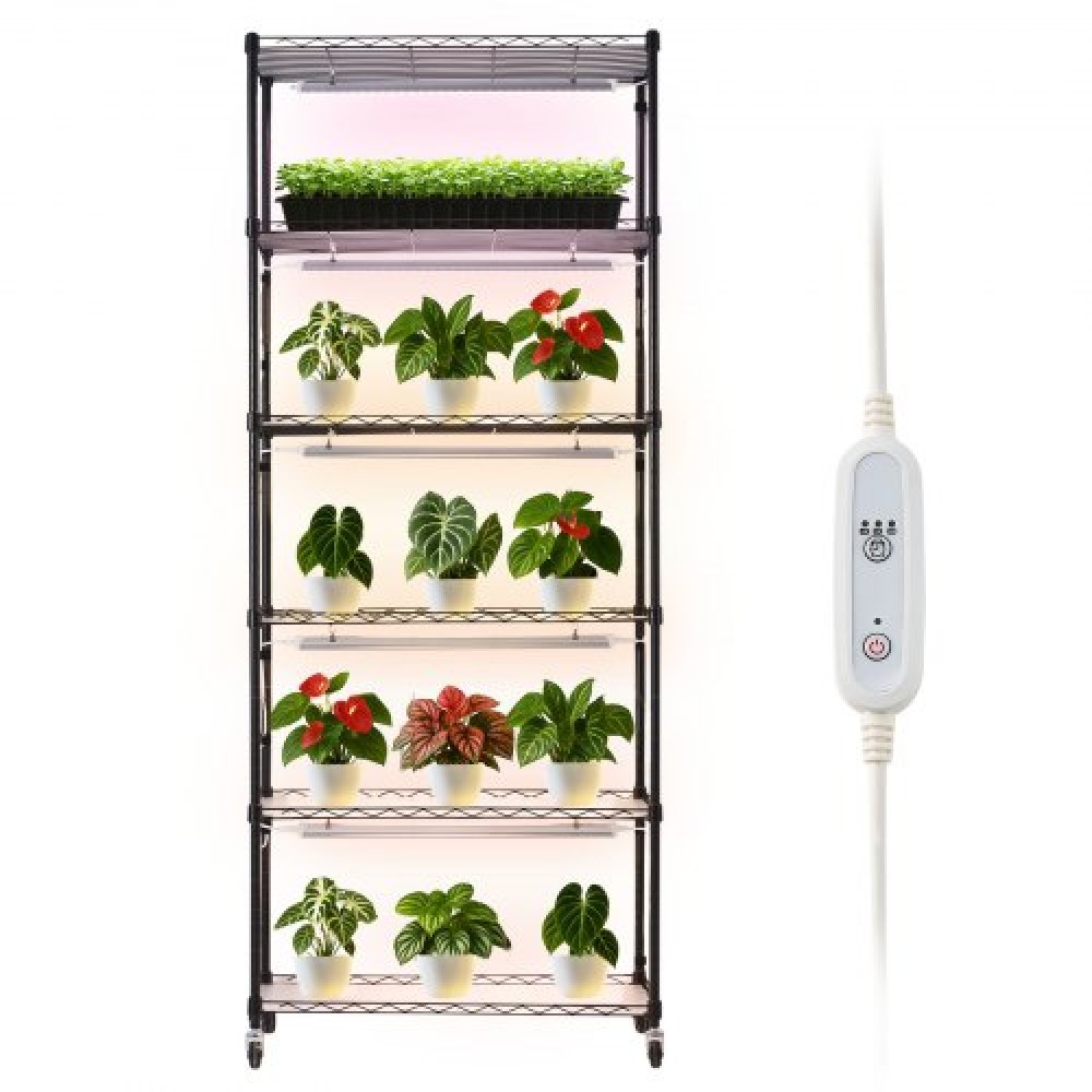 VEVOR Plant Shelf with Grow Light, 6-Tier Indoor Plant Stand, 180cm Tall Plants Display Rack with Wheels & 4/9/14H Timer, 150W 3-Color Full Spectrum Grow Lights, Flower Pot Holder for Seed Starting