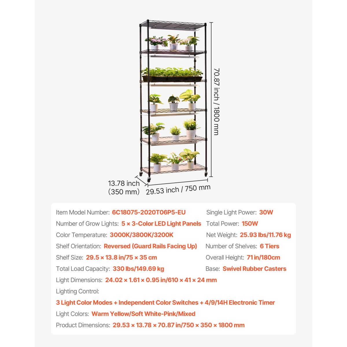 Ράφι φυτών VEVOR με Grow Light, Βάση φυτών εσωτερικού χώρου 6 επιπέδων, ράφι προβολής φυτών ύψους 180 cm με ρόδες & χρονοδιακόπτη 4/9/14 ωρών, φώτα ανάπτυξης πλήρους φάσματος 150 W 3 χρωμάτων, θήκη για γλάστρα για σπόρους