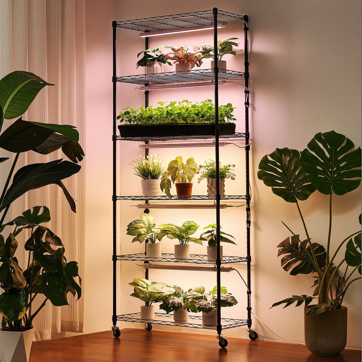Ράφι φυτών VEVOR με Grow Light, Βάση φυτών εσωτερικού χώρου 6 επιπέδων, ράφι προβολής φυτών ύψους 180 cm με ρόδες & χρονοδιακόπτη 4/9/14 ωρών, φώτα ανάπτυξης πλήρους φάσματος 150 W 3 χρωμάτων, θήκη για γλάστρα για σπόρους