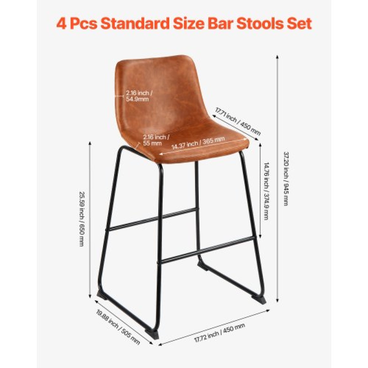 Σετ σκαμπό μπαρ VEVOR 4, 65cm σκαμπό πάγκου ύψους 65cm, μοντέρνο PU δερμάτινο πάγκο σκαμπό με πλάτη, μεταλλικά πόδια, καρέκλα μπαρ Easy Assembly χωρίς χέρια, Island Barstool για κουζίνα, τραπεζαρία, καφέ