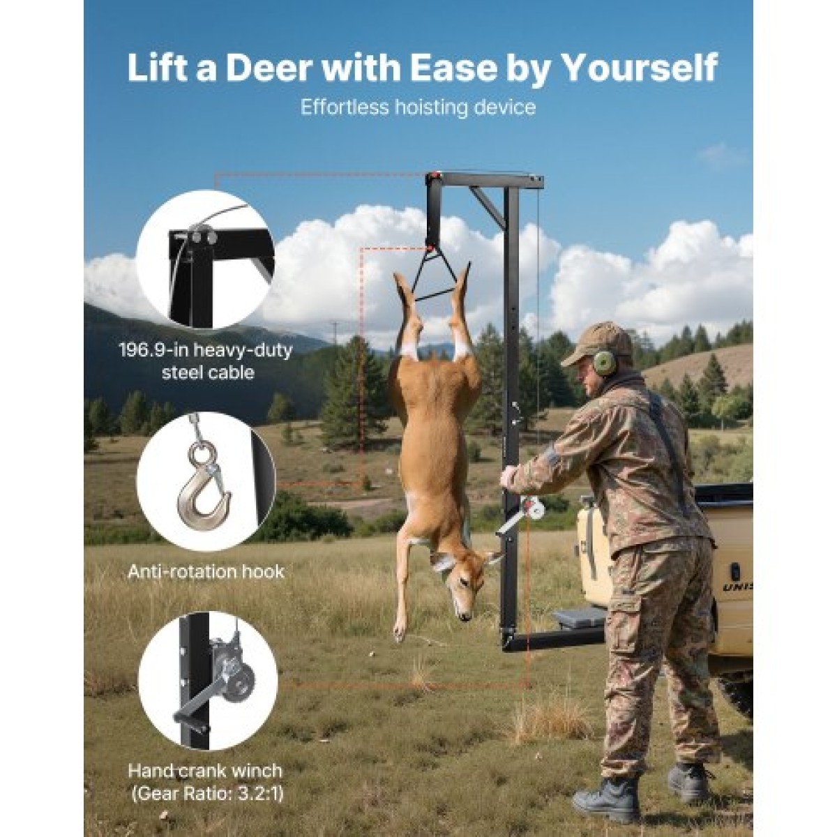 Βαρούλκο παιχνιδιών VEVOR Truck Hitch, χωρητικότητα φόρτωσης 300 λίβρες, Ανυψωτήρας κυνηγιού ελαφιού με δέκτη 2 ιντσών, περιστρεφόμενος άξονας 360 μοιρών και ρυθμιζόμενο ύψος, περιλαμβάνει βαρούλκο Gambrel για παιχνίδι απολέπισης και καθαρισμού