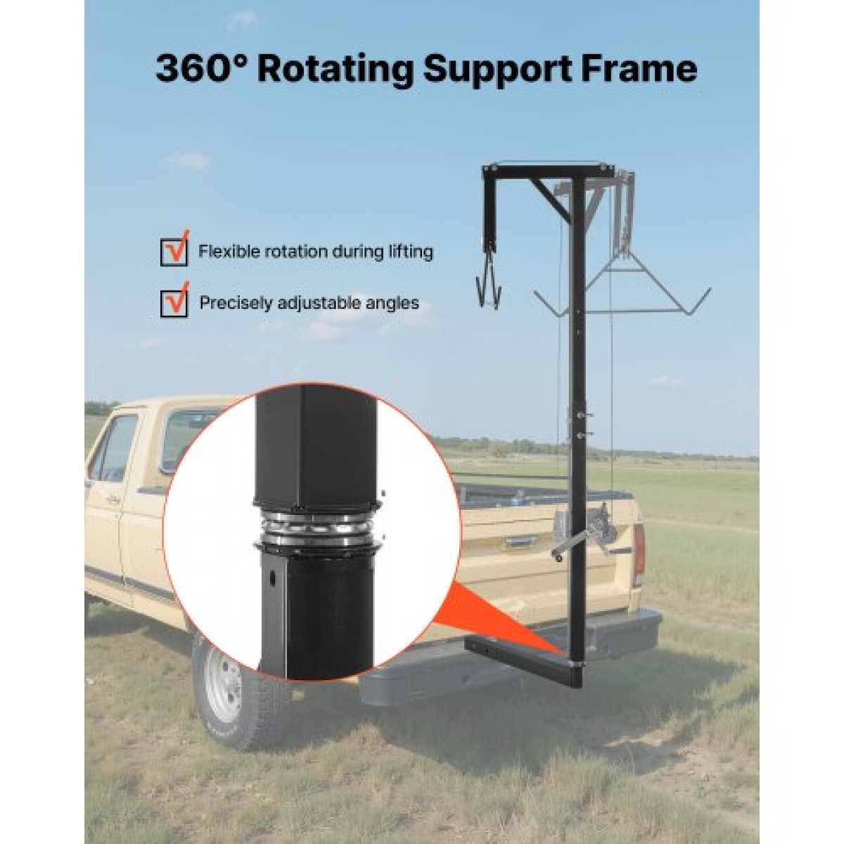 Βαρούλκο παιχνιδιών VEVOR Truck Hitch, χωρητικότητα φόρτωσης 300 λίβρες, Ανυψωτήρας κυνηγιού ελαφιού με δέκτη 2 ιντσών, περιστρεφόμενος άξονας 360 μοιρών και ρυθμιζόμενο ύψος, περιλαμβάνει βαρούλκο Gambrel για παιχνίδι απολέπισης και καθαρισμού