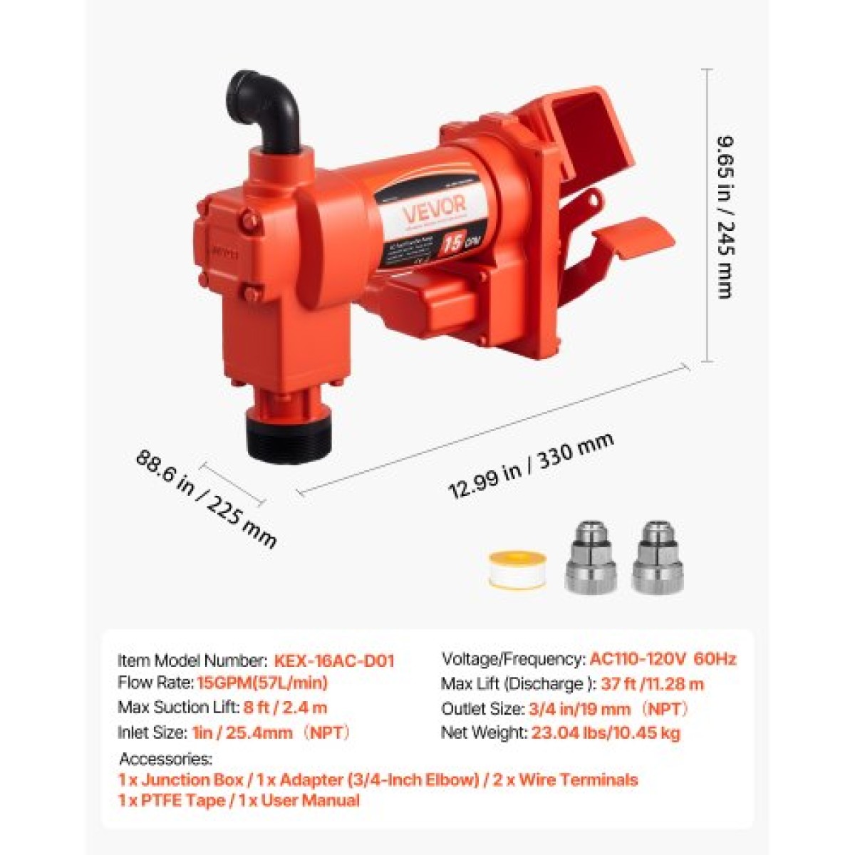 Αντλία μεταφοράς καυσίμου VEVOR 230V, 15 GPM 57 L/min, AC Electric Oil Transfer Pump, 8 ft/2,4 m Max Suction Lift, 37 ft/11,28 m Max Lift, Προστασία υπερθέρμανσης, για βενζίνη πετρελαίου πετρελαίου κηροζίνης Biodiesel Ethanol
