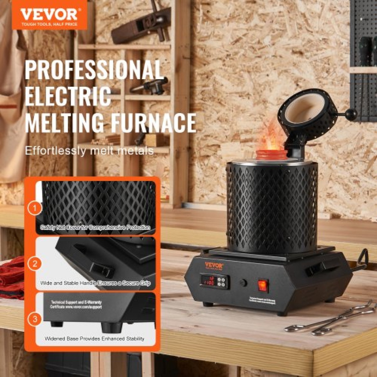 Φούρνος τήξης χρυσού VEVOR, 1350W, μέγιστη θερμοκρασία 1150°C, Ψηφιακός ηλεκτρικός φούρνος τήξης με 1 kg και 3 kg κεραμικά χωνευτήρια, λαβίδες χωνευτηρίου και γάντια, για χρυσό, ασήμι, αλουμίνιο, χαλκό