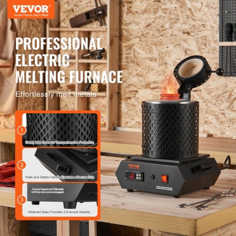 Φούρνος τήξης χρυσού VEVOR, 1350W, μέγιστη θερμοκρασία 1150°C, Ψηφιακός ηλεκτρικός φούρνος τήξης με 1 kg και 3 kg κεραμικά χωνευτήρια, λαβίδες χωνευτηρίου και γάντια, για χρυσό, ασήμι, αλουμίνιο, χαλκό