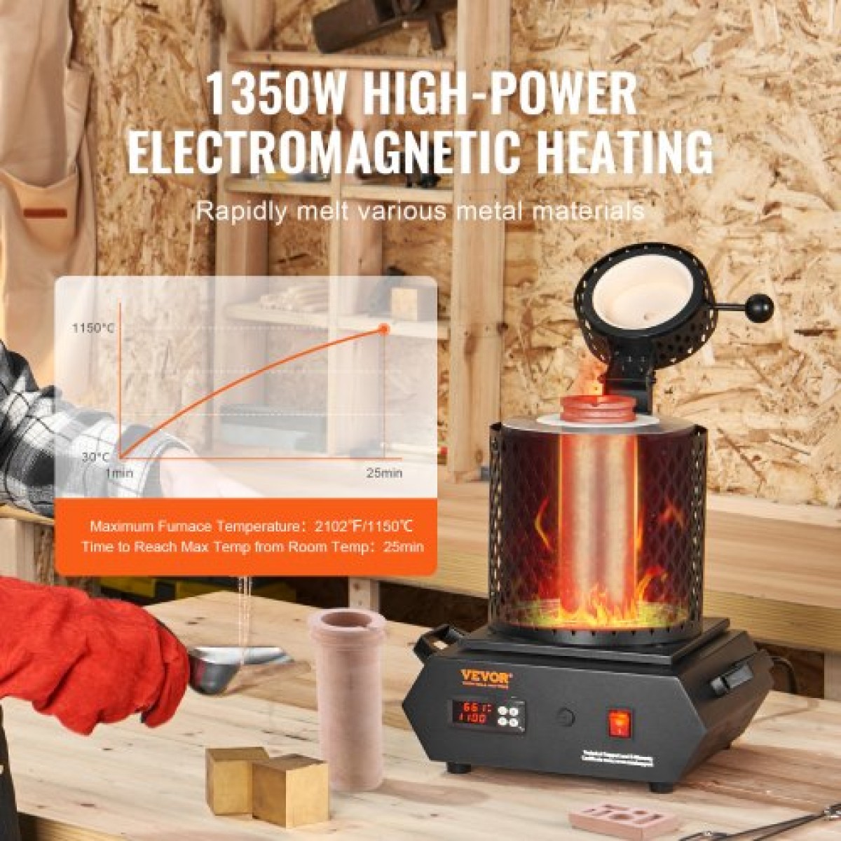Φούρνος τήξης χρυσού VEVOR, 1350W, μέγιστη θερμοκρασία 1150°C, Ψηφιακός ηλεκτρικός φούρνος τήξης με 1 kg και 3 kg κεραμικά χωνευτήρια, λαβίδες χωνευτηρίου και γάντια, για χρυσό, ασήμι, αλουμίνιο, χαλκό