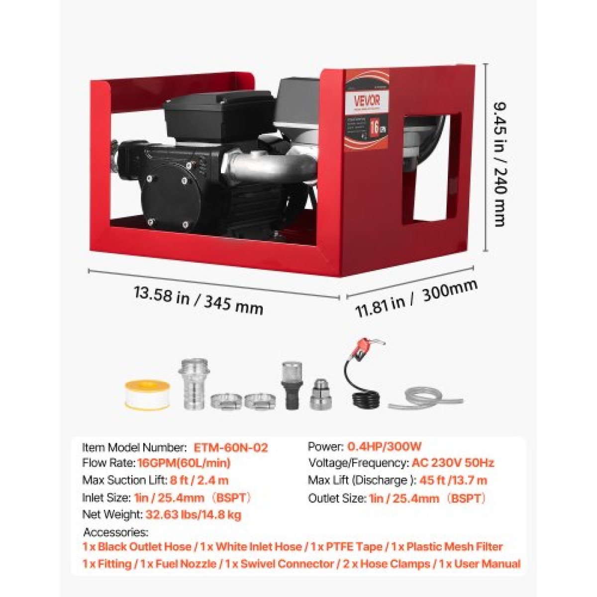 Αντλία μεταφοράς καυσίμου VEVOR 230V, 16 GPM 60 L/min, AC Electric Oil Transfer Pump for Diesel Kerosene Biodiesel, with Meter, Auto Fuel Nozzle & 2 Holes, 45 ft/13,7 m Lift, για οχήματα, εργοτάξια