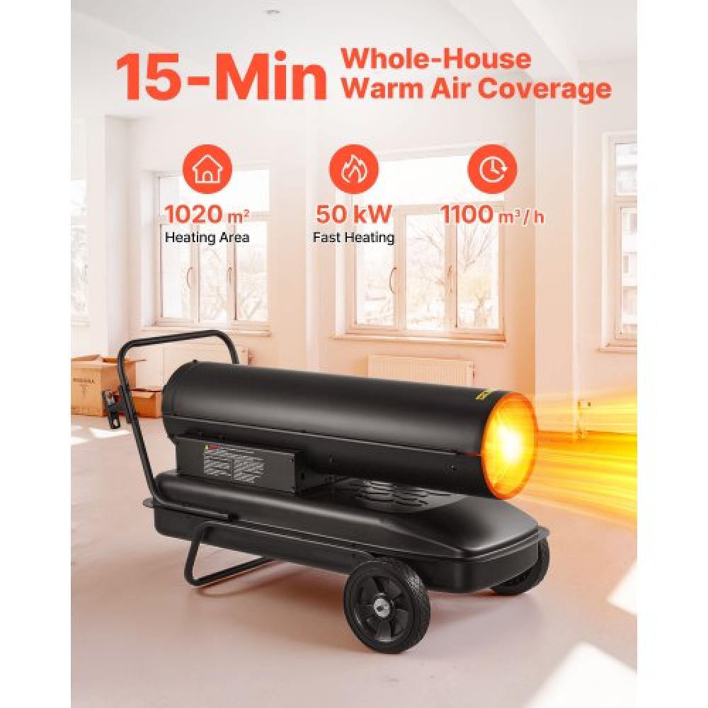 VEVOR 50kW Forced Air Kerosene Heater Diesel, Φορητός θερμαντήρας χώρου Torpedo με ρόδες & ρυθμιζόμενη θερμοκρασία, Τύπος φυσητήρων για εργοτάξιο/Γκαράζ/Αποθήκη/Κατασκευή εργαστηρίου /Εξωτερική θέρμανση,Μαύρο
