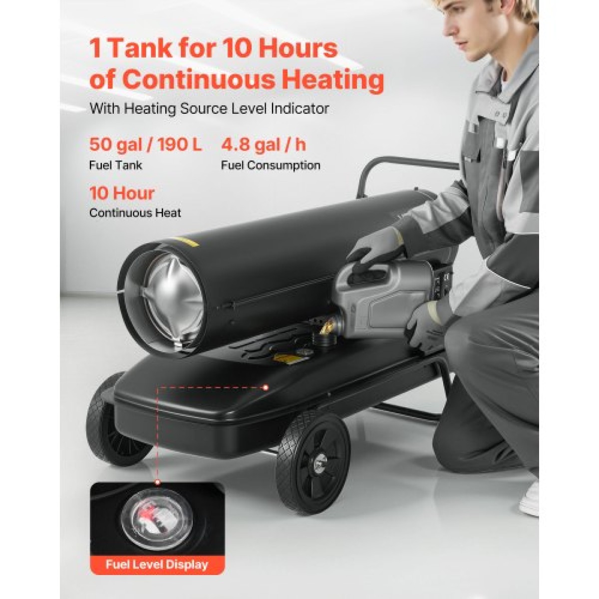 VEVOR 50kW Forced Air Kerosene Heater Diesel, Φορητός θερμαντήρας χώρου Torpedo με ρόδες & ρυθμιζόμενη θερμοκρασία, Τύπος φυσητήρων για εργοτάξιο/Γκαράζ/Αποθήκη/Κατασκευή εργαστηρίου /Εξωτερική θέρμανση,Μαύρο