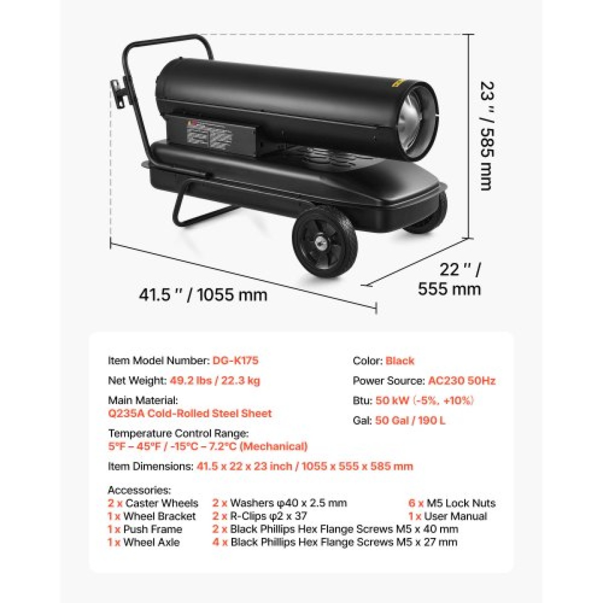 VEVOR 50kW Forced Air Kerosene Heater Diesel, Φορητός θερμαντήρας χώρου Torpedo με ρόδες & ρυθμιζόμενη θερμοκρασία, Τύπος φυσητήρων για εργοτάξιο/Γκαράζ/Αποθήκη/Κατασκευή εργαστηρίου /Εξωτερική θέρμανση,Μαύρο