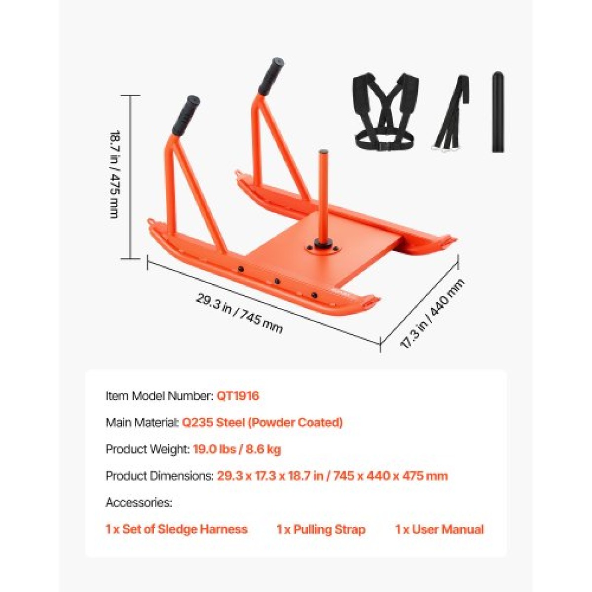 VEVOR Weight Sled, Steel Power Sled, Fitness Strength Training Sleds for Athletic Exercise Improvement Speed, Workout Fitness Equipment with Handle, Συμβατό με πλάκες βάρους 25/51 mm, Πορτοκαλί