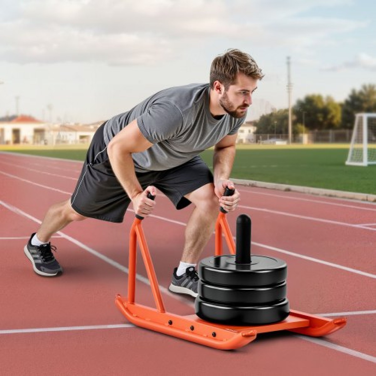 VEVOR Weight Sled, Steel Power Sled, Fitness Strength Training Sleds for Athletic Exercise Improvement Speed, Workout Fitness Equipment with Handle, Συμβατό με πλάκες βάρους 25/51 mm, Πορτοκαλί