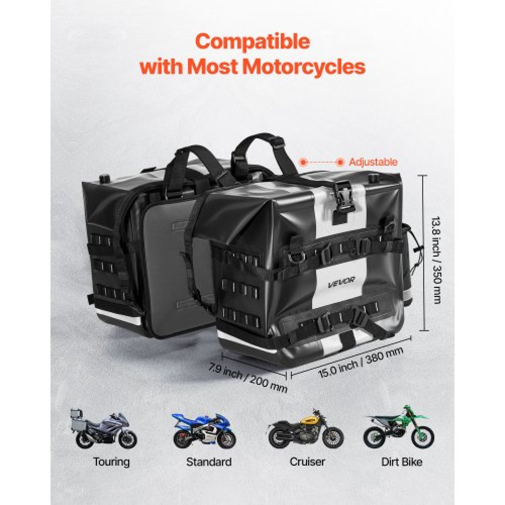 VEVOR Motorcycle Saddlebag, 56 L (28 L x 2) Large Capacity Side Saddle Bag Compatible with Most Motorcycles, Waterproof Fabric Outdoor Sports Motorbike Luggage Storage with Detachable Inner Bag, Black