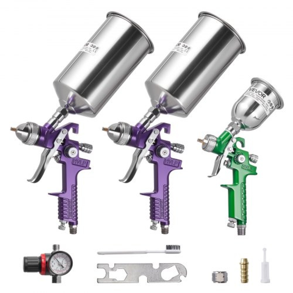 VEVOR 3-Piece Air Spray Gun Kit, Professional Auto Paint Gun Spray Set με 3 ακροφύσια (1/1,4/1,8mm), 3 κύπελλα & ρυθμιστής αέρα, Gravity Feed Automotive Paint Sprayer για Primer, Topcoat & Touch-Up