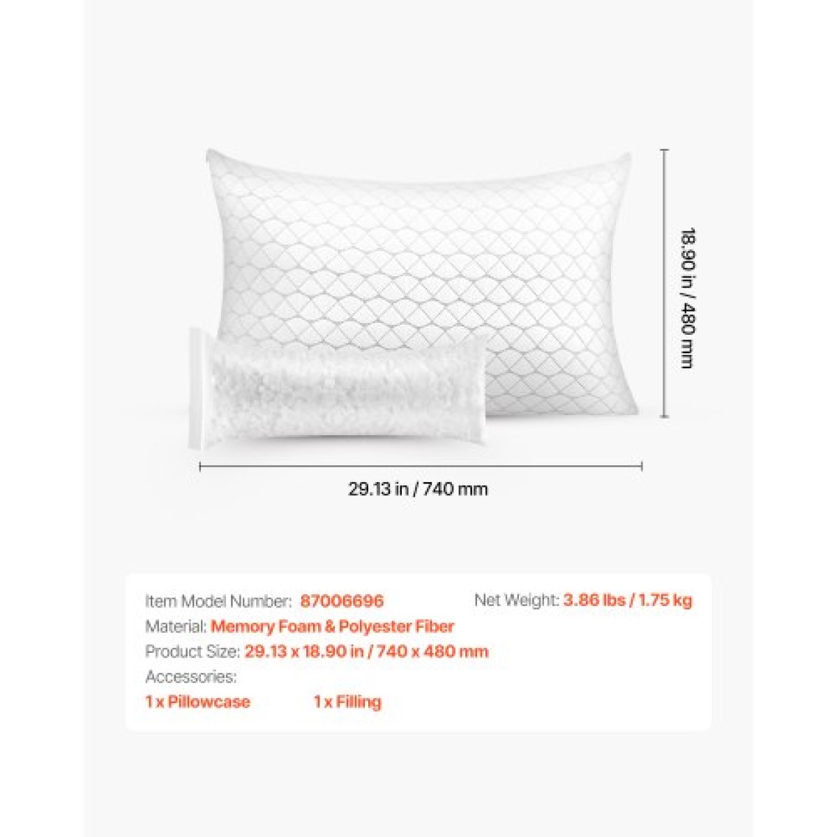 Μαξιλάρι κρεβατιού VEVOR για ύπνο, Queen Size Luxury Quality Μαξιλάρι ξενοδοχείου με Memory Foam Γέμισμα, Υποστηρικτικό & Ρυθμιζόμενο, Περιλαμβάνει Μαξιλαροθήκη από Φυσική Ίνα, Κλινοσκεπάσματα για την πλάτη, το στομάχι και τα πλαϊνά κρεβάτια