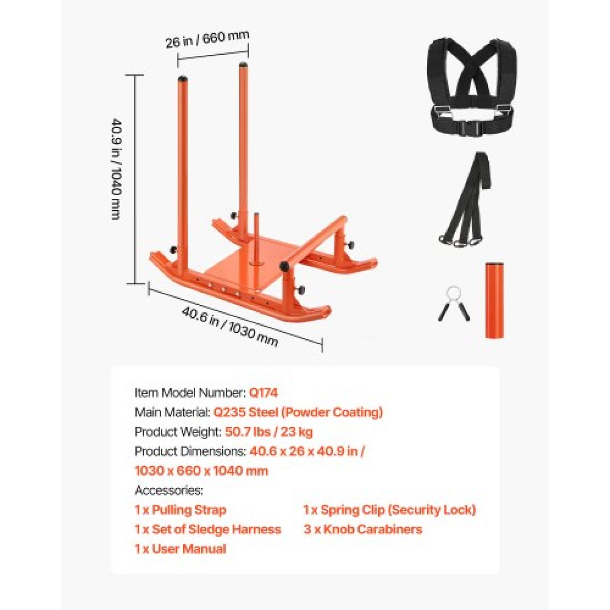 VEVOR Weight Sled, Steel Power Sled, Fitness Strength Training Sleds for Athletic Exercise Improvement Speed, Workout Fitness Equipment with Handle, Συμβατό με πλάκες βάρους 25/51 mm, Πορτοκαλί