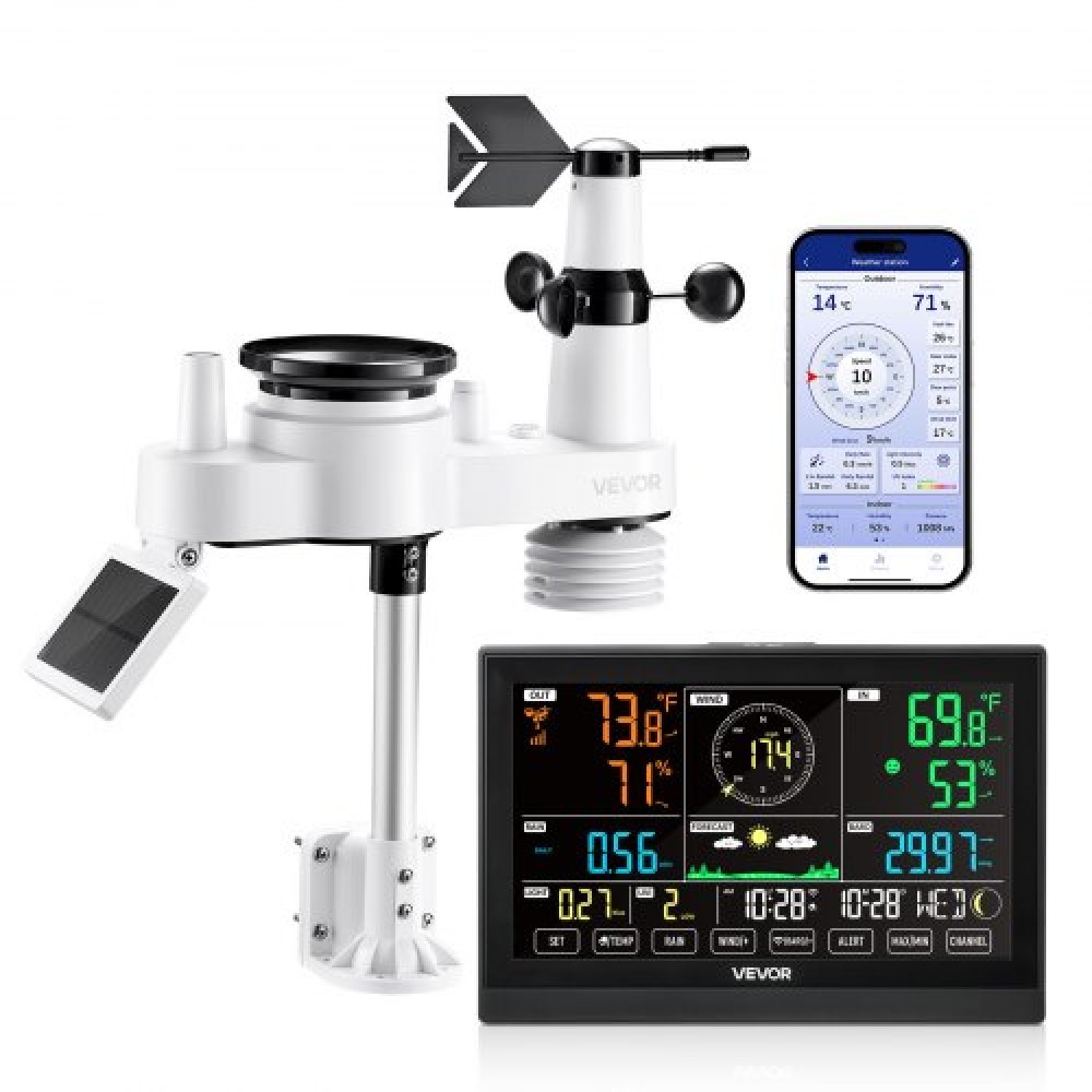 VEVOR 7-σε-1 μετεωρολογικός σταθμός Wi-Fi με APP, οθόνη VA 190,5 mm, Ασύρματος ηλιακός αισθητήρας εξωτερικού χώρου, μετρητής βροχής, εσωτερικός εξωτερικός χώρος για πρόγνωση καιρού, ταχύτητα ανέμου, θερμοκρασία, υγρασία, βροχόπτωση