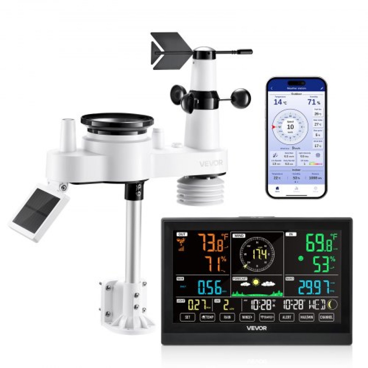 VEVOR 7-σε-1 μετεωρολογικός σταθμός Wi-Fi με APP, οθόνη VA 190,5 mm, Ασύρματος ηλιακός αισθητήρας εξωτερικού χώρου, μετρητής βροχής, εσωτερικός εξωτερικός χώρος για πρόγνωση καιρού, ταχύτητα ανέμου, θερμοκρασία, υγρασία, βροχόπτωση