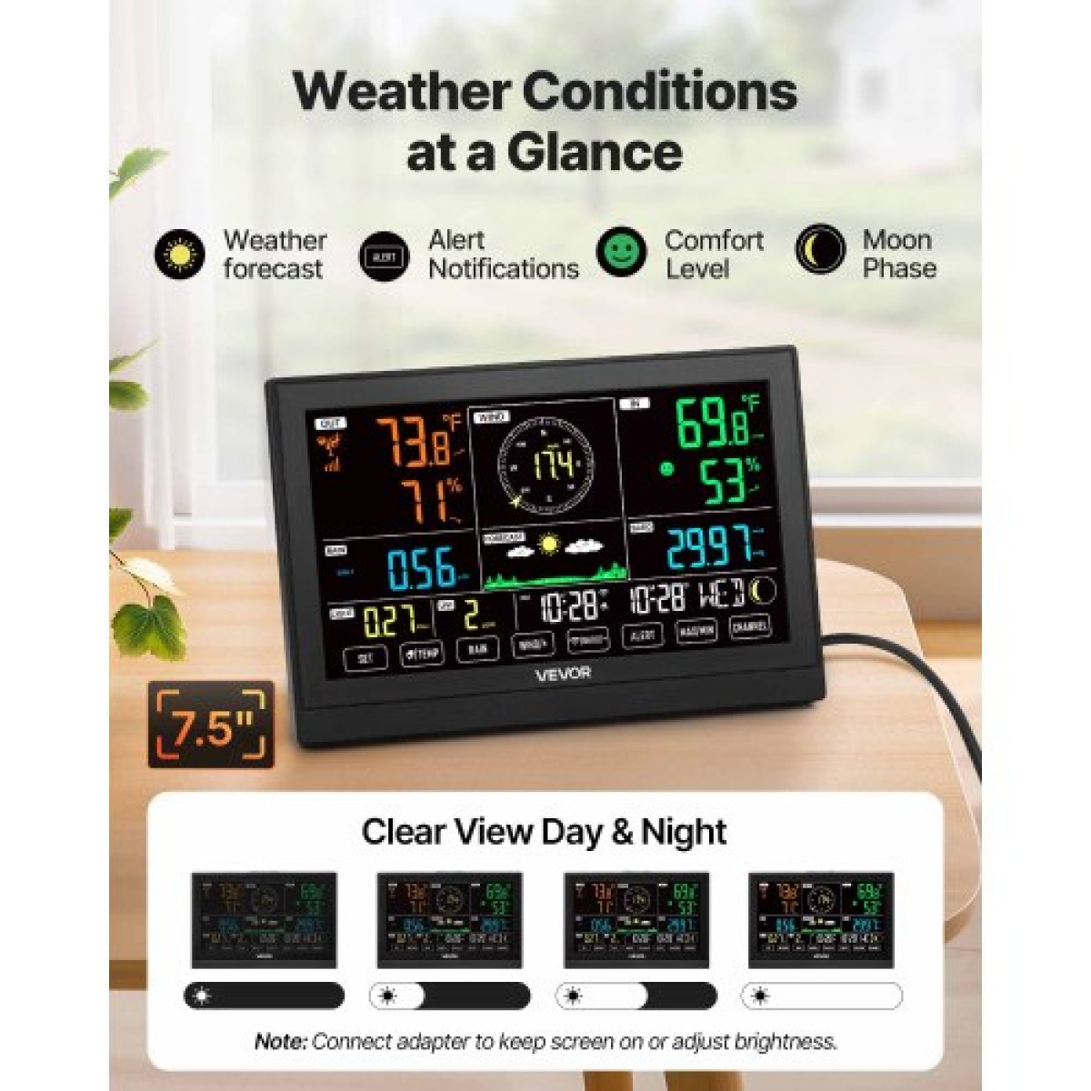 VEVOR 7-σε-1 μετεωρολογικός σταθμός Wi-Fi με APP, οθόνη VA 190,5 mm, Ασύρματος ηλιακός αισθητήρας εξωτερικού χώρου, μετρητής βροχής, εσωτερικός εξωτερικός χώρος για πρόγνωση καιρού, ταχύτητα ανέμου, θερμοκρασία, υγρασία, βροχόπτωση