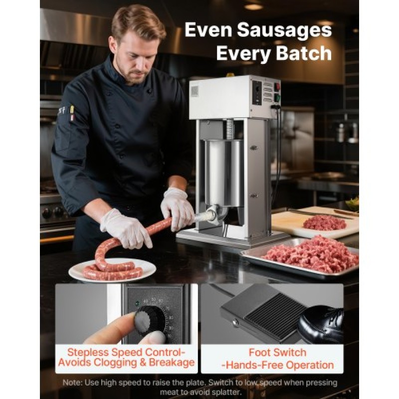 VEVOR Electric Sausage Stuffer, 22 LBS / 10 L Vertical Meat Stuffer, Stepless Speed ​​Control and Foot Pedal, Inox Heavy Duty Γεμιστικό Λουκάνικου με 4 Σωλήνες Γέμισης, για Εμπορική & οικιακή χρήση