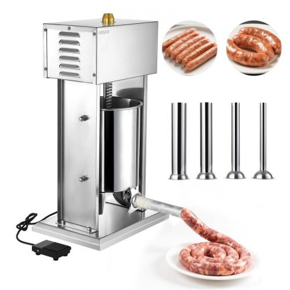 VEVOR Electric Sausage Stuffer, 22 LBS / 10 L Vertical Meat Stuffer, Stepless Speed Control and Foot Pedal, Stainless Steel Heavy Duty Sausage Filler with 4 Stuffing Tubes, for Commercial & Home Use