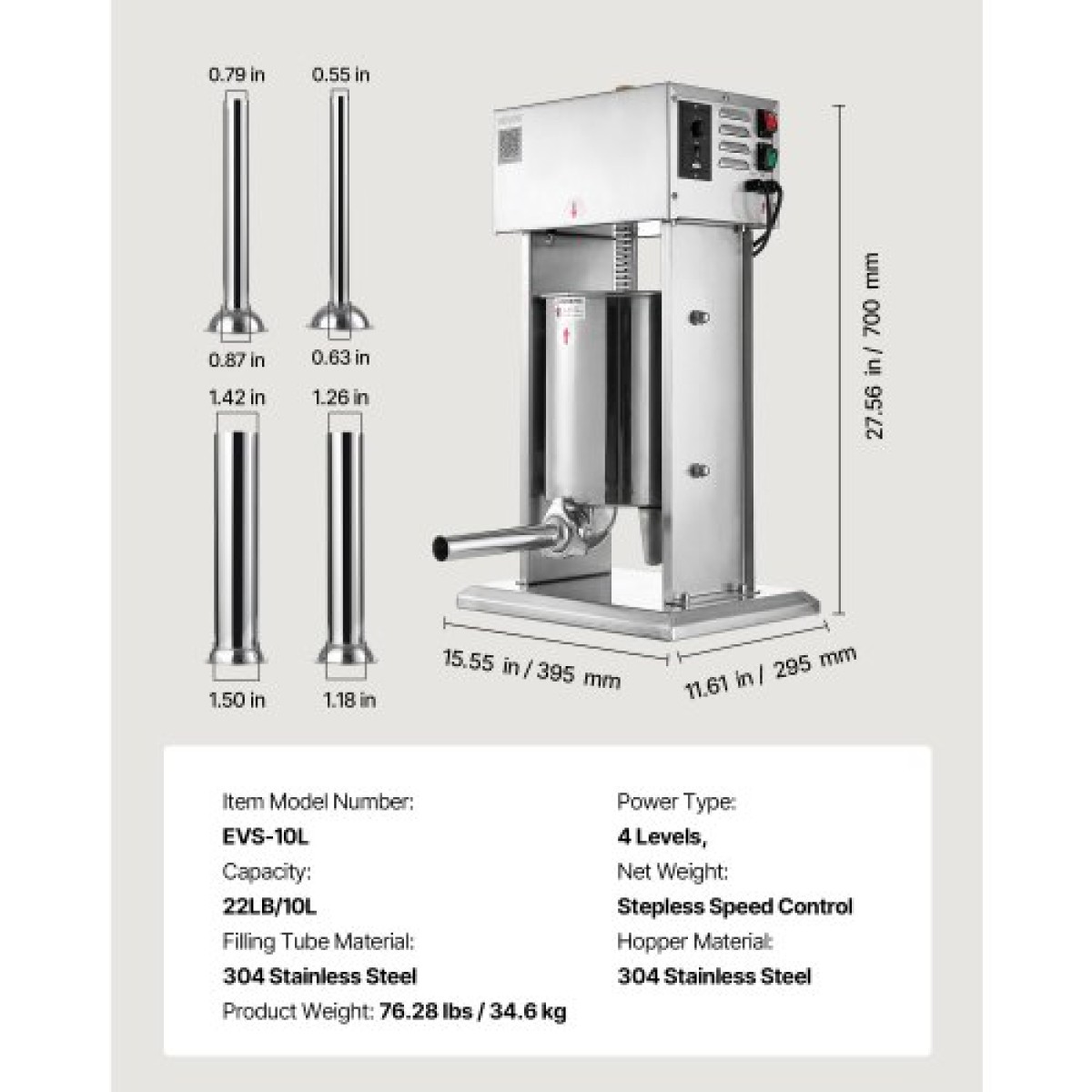 VEVOR Electric Sausage Stuffer, 22 LBS / 10 L Vertical Meat Stuffer, Stepless Speed ​​Control and Foot Pedal, Inox Heavy Duty Γεμιστικό Λουκάνικου με 4 Σωλήνες Γέμισης, για Εμπορική & οικιακή χρήση