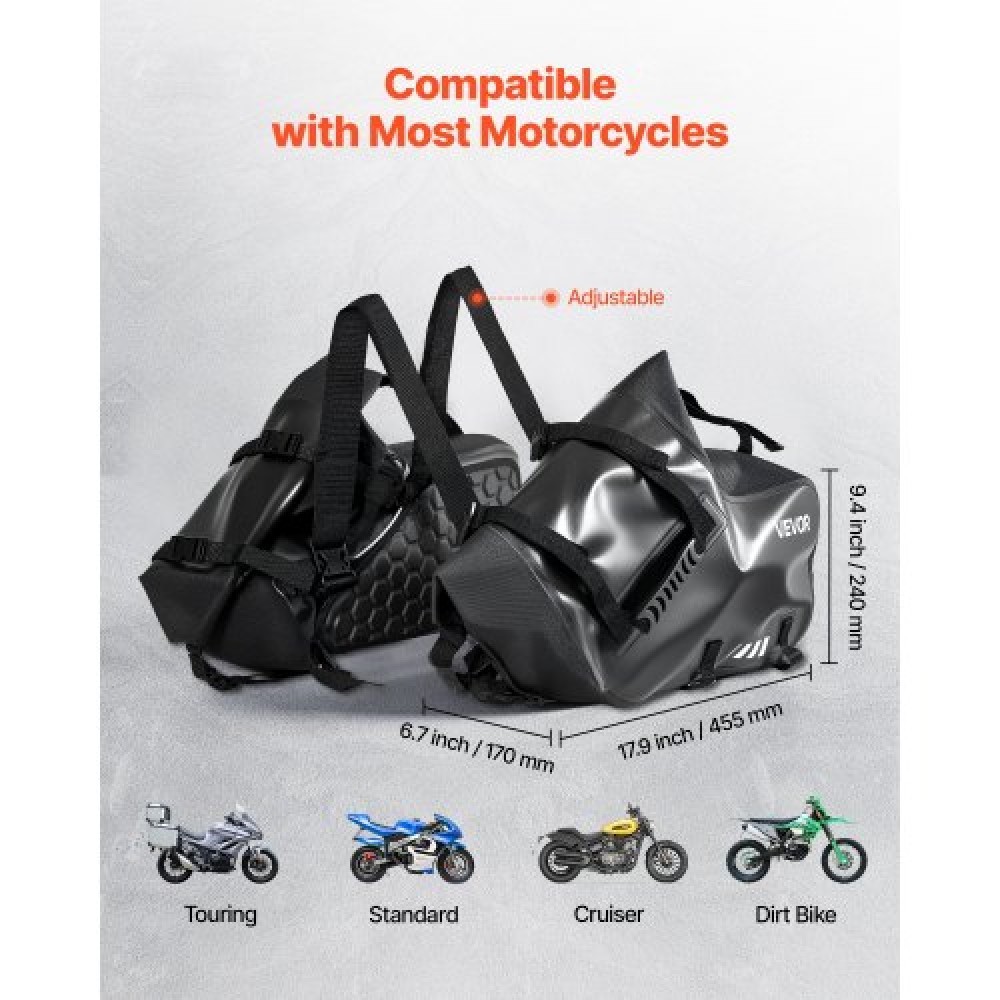 VEVOR Motorcycle Saddlebags, 28 L (14 L x 2) Large Capacity Side Saddle Bags Compatible with Most Motorcycles, Waterproof Outdoor Sports Motorbike Luggage Storage Shoulder Bag with Bottom Strap, Black