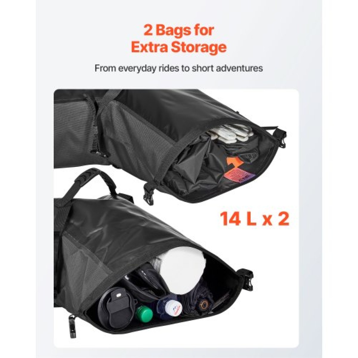 Τσάντες σέλας VEVOR μοτοσικλέτας, 28 L (14 L x 2) Πλαϊνές τσάντες σέλας μεγάλης χωρητικότητας συμβατές με τις περισσότερες μοτοσυκλέτες, Αδιάβροχη εξωτερική αθλητική μοτοσικλέτα αποθήκευσης αποσκευών τσάντα ώμου με ιμάντα κάτω, μαύρο