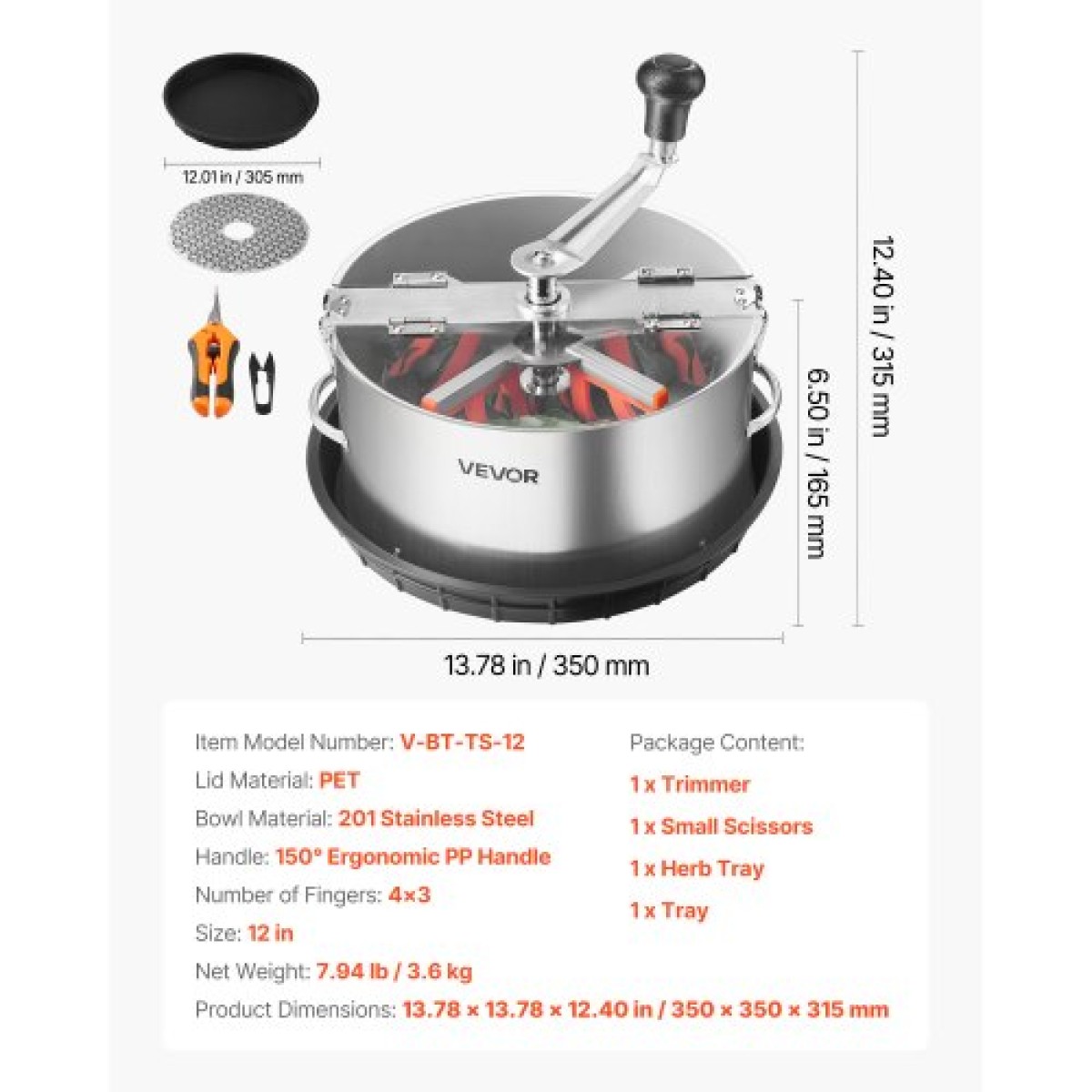VEVOR Manual Bud Leaf Trimmer, 300mm Reaper Bowl Bud Trimmer με λεπίδες από ανοξείδωτο χάλυβα, οπτική κοπή, υγρή και ξηρή υδροπονική μηχανή κοπής με δίσκο, περιστρεφόμενη περιστροφή για λουλούδια φυτών