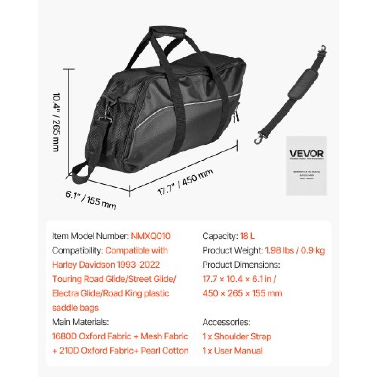 VEVOR Motorcycle Saddlebag Liner Bag, 18 L Insert Storage Travel Bag Bagage Organizer, Συμβατό με Harley Davidson 1993-2022 Touring Road/Street Glide/Electra Glide/Road King Saddlebag, μαύρο