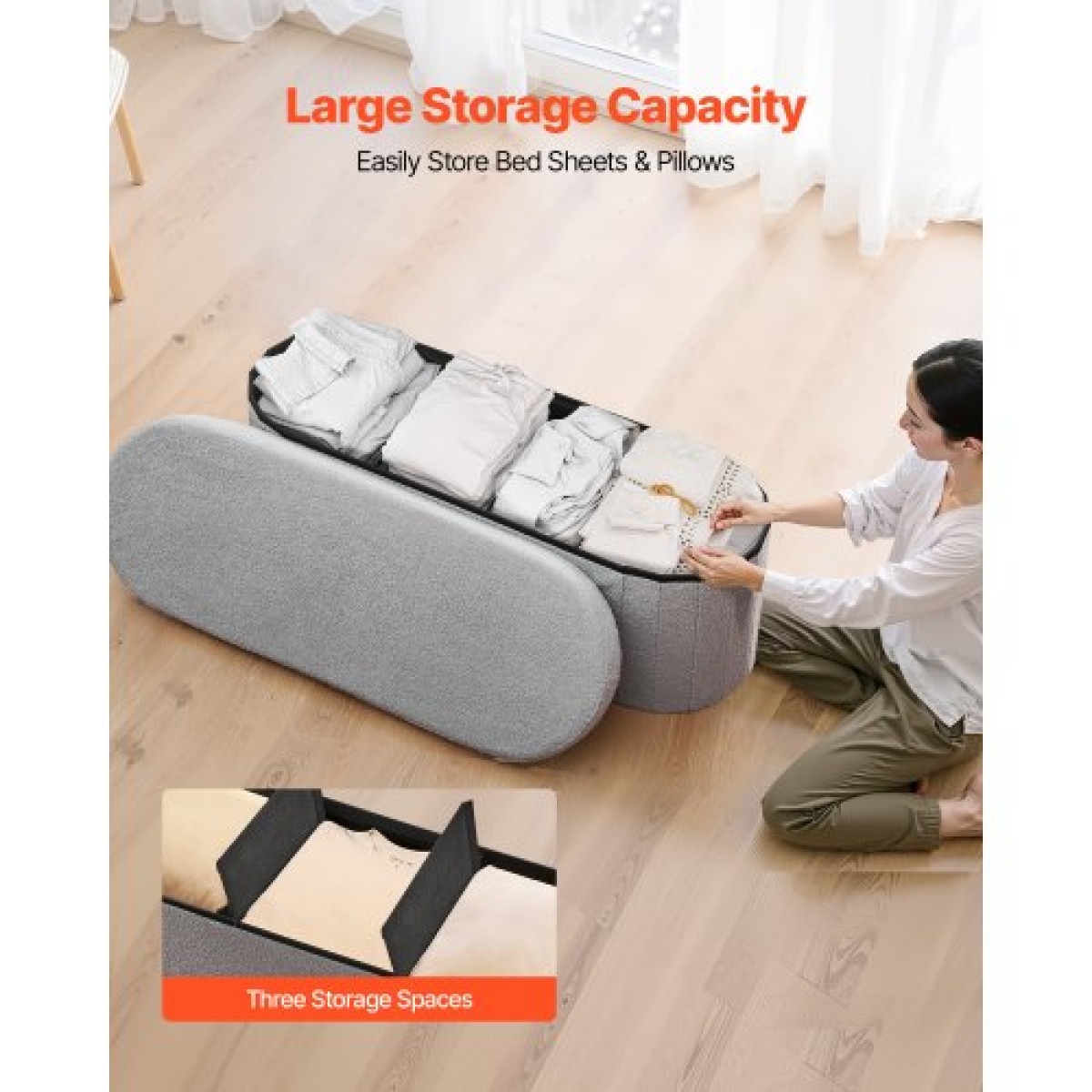 VEVOR Oval Storage Ottoman Πάγκος, Πτυσσόμενο Teddy Fleece Τέλος πάγκου κρεβατιού, Πτυσσόμενο κρεβάτι με επένδυση Ottoman στήθος με μεγάλο αποθηκευτικό χώρο, υποστηρίζει 660 lbs, για σαλόνι, υπνοδωμάτιο, είσοδος, γκρι
