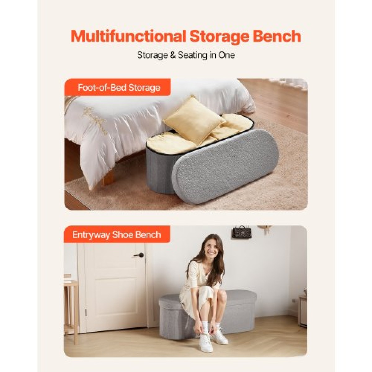 VEVOR Oval Storage Ottoman Πάγκος, Πτυσσόμενο Teddy Fleece Τέλος πάγκου κρεβατιού, Πτυσσόμενο κρεβάτι με επένδυση Ottoman στήθος με μεγάλο αποθηκευτικό χώρο, υποστηρίζει 660 lbs, για σαλόνι, υπνοδωμάτιο, είσοδος, γκρι