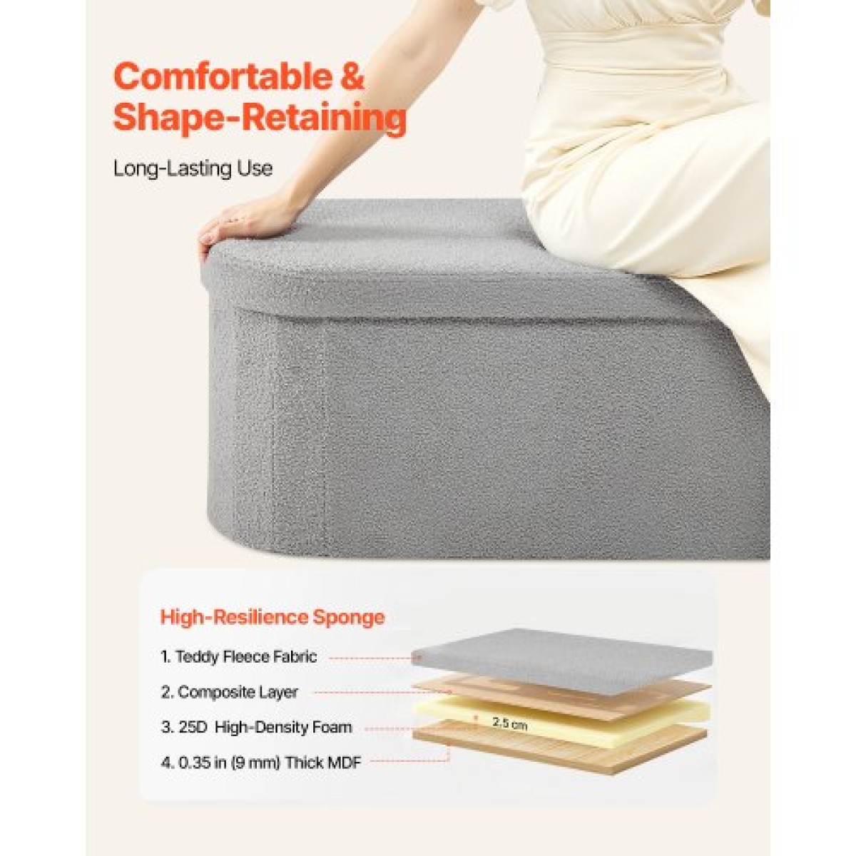 VEVOR Oval Storage Ottoman Πάγκος, Πτυσσόμενο Teddy Fleece Τέλος πάγκου κρεβατιού, Πτυσσόμενο κρεβάτι με επένδυση Ottoman στήθος με μεγάλο αποθηκευτικό χώρο, υποστηρίζει 660 lbs, για σαλόνι, υπνοδωμάτιο, είσοδος, γκρι