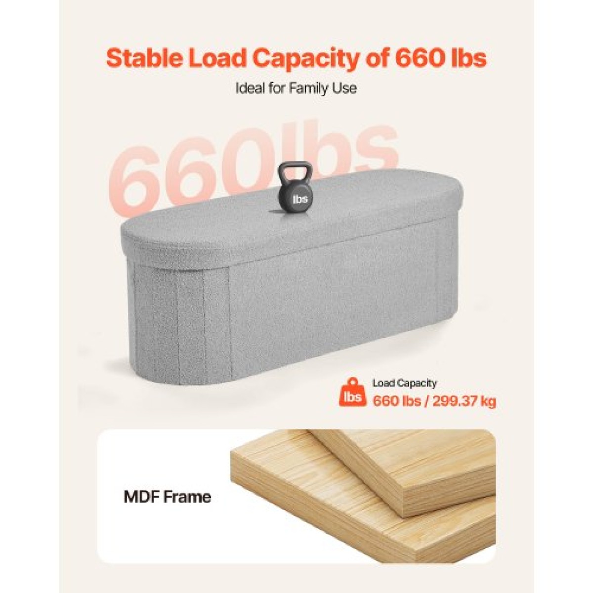 VEVOR Oval Storage Ottoman Πάγκος, Πτυσσόμενο Teddy Fleece Τέλος πάγκου κρεβατιού, Πτυσσόμενο κρεβάτι με επένδυση Ottoman στήθος με μεγάλο αποθηκευτικό χώρο, υποστηρίζει 660 lbs, για σαλόνι, υπνοδωμάτιο, είσοδος, γκρι