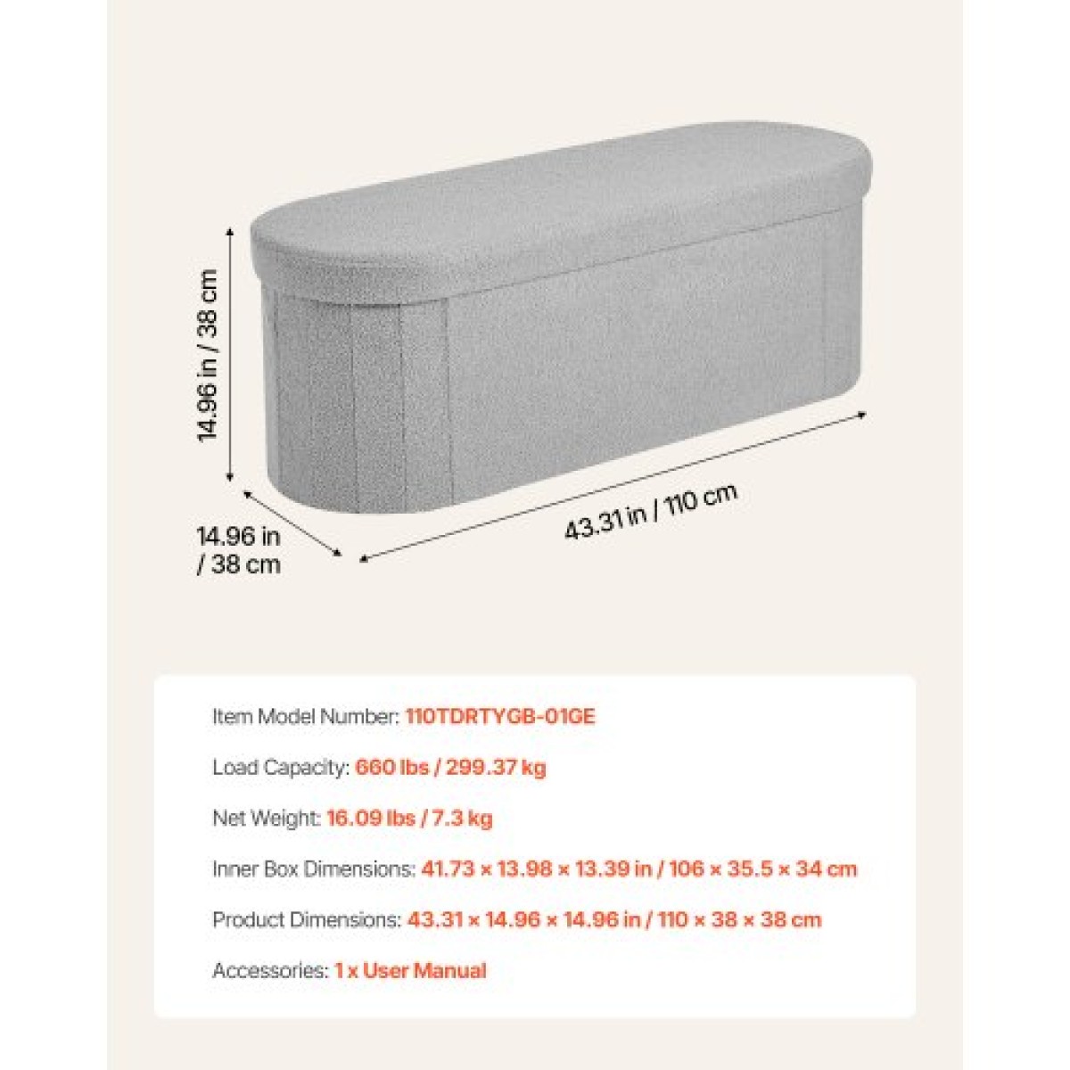VEVOR Oval Storage Ottoman Πάγκος, Πτυσσόμενο Teddy Fleece Τέλος πάγκου κρεβατιού, Πτυσσόμενο κρεβάτι με επένδυση Ottoman στήθος με μεγάλο αποθηκευτικό χώρο, υποστηρίζει 660 lbs, για σαλόνι, υπνοδωμάτιο, είσοδος, γκρι