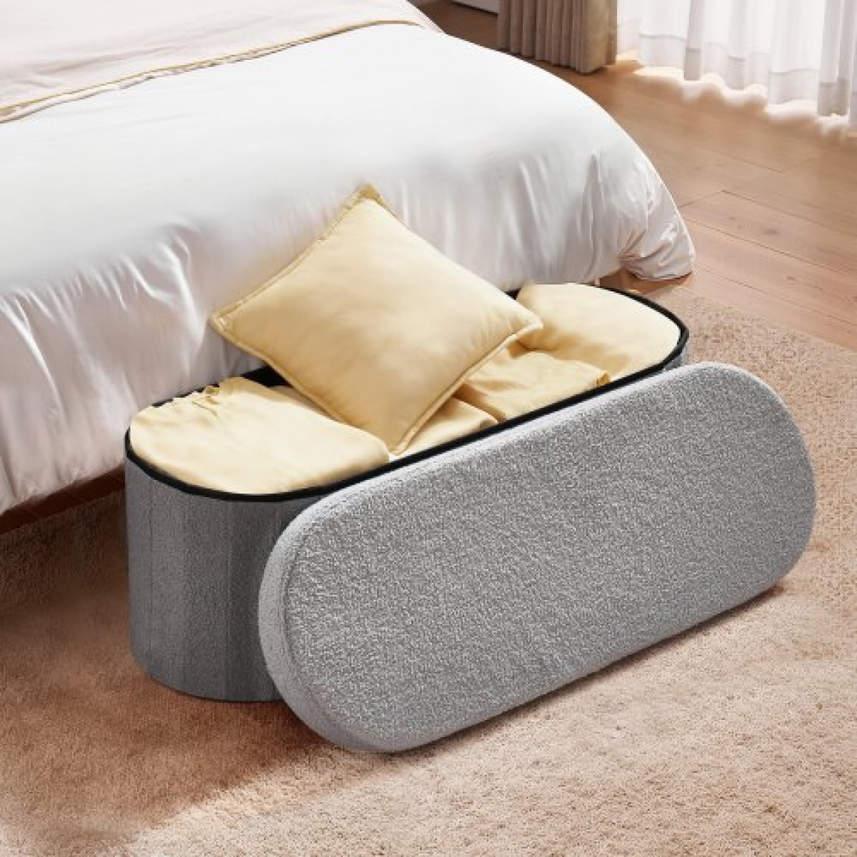 VEVOR Oval Storage Ottoman Πάγκος, Πτυσσόμενο Teddy Fleece Τέλος πάγκου κρεβατιού, Πτυσσόμενο κρεβάτι με επένδυση Ottoman στήθος με μεγάλο αποθηκευτικό χώρο, υποστηρίζει 660 lbs, για σαλόνι, υπνοδωμάτιο, είσοδος, γκρι