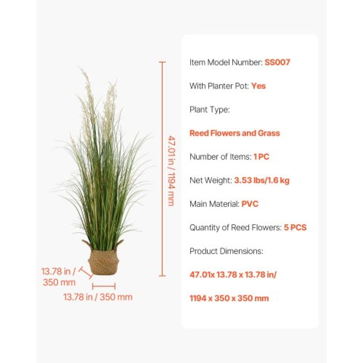 Φυτό τεχνητού γρασιδιού VEVOR, 1194 χλστ. Reed Flower Grass in Pot, Premium PVC Faux Fake Greenery Thrubs Fort for Indoor Outdoor House Home Garden Decoration Room Office, Homewarming, 1 Pack Green