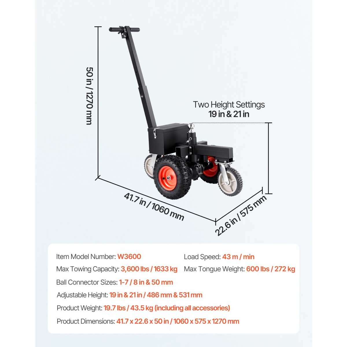 VEVOR Electric Trailer Dolly, 1633 kg Μέγιστο βάρος ρυμουλκούμενου 272 kg Max Tongue Weight, DC 24V 800W Motorized Trailer Dolly with 50 & 47,6 mm Hitch Balls for RV Campers, Cargo & Utility, Boat Trailers