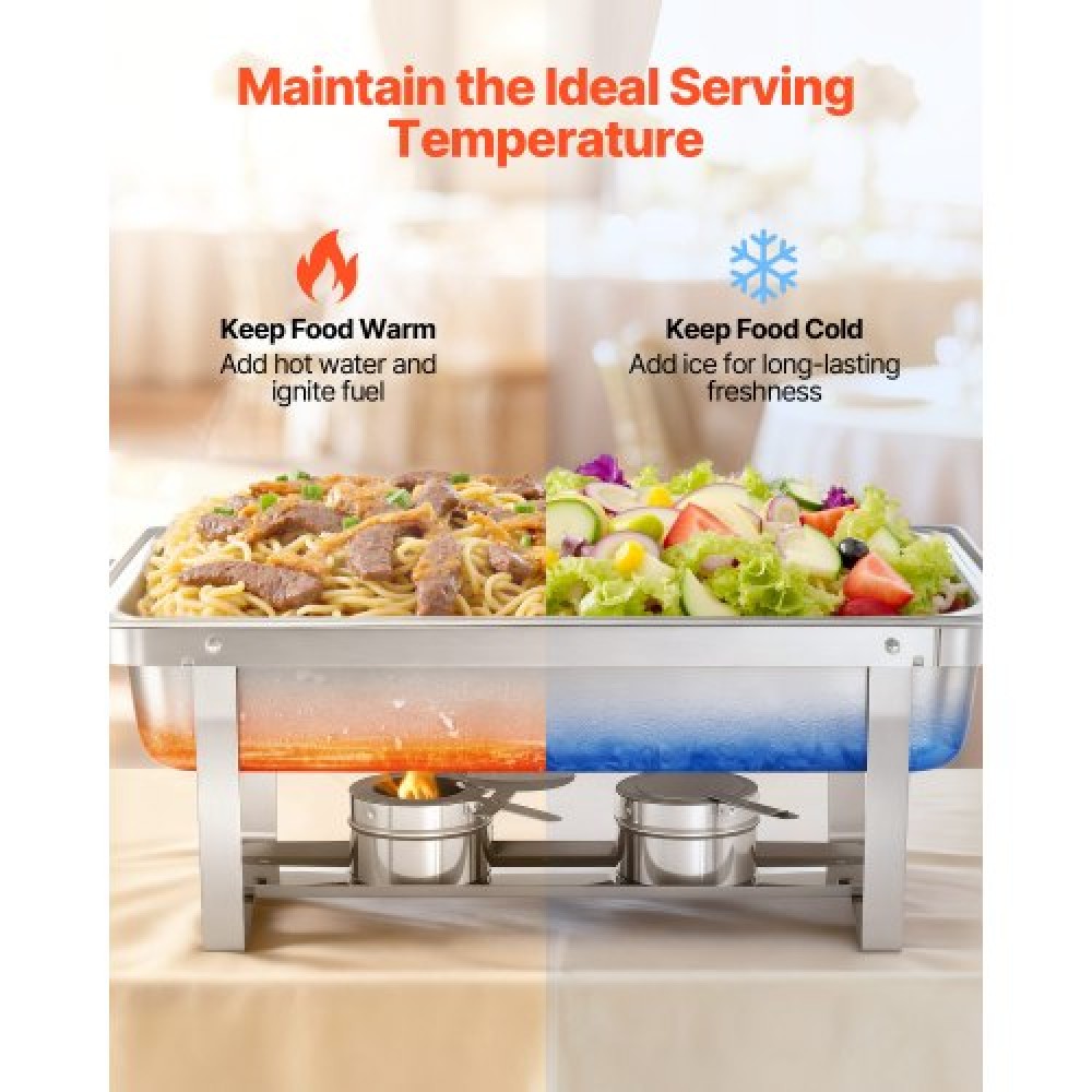 VEVOR Rectangle Chafing Dish, 8,5L 2 Pack Stainless Steel Dish of Chafing, Food Warmer Chafer Complete σετ με κούφια λαβή, 1 λαβίδα φαγητού, καπάκι, θήκη καυσίμου, πιάτα τσαγιού για πάρτι γάμου