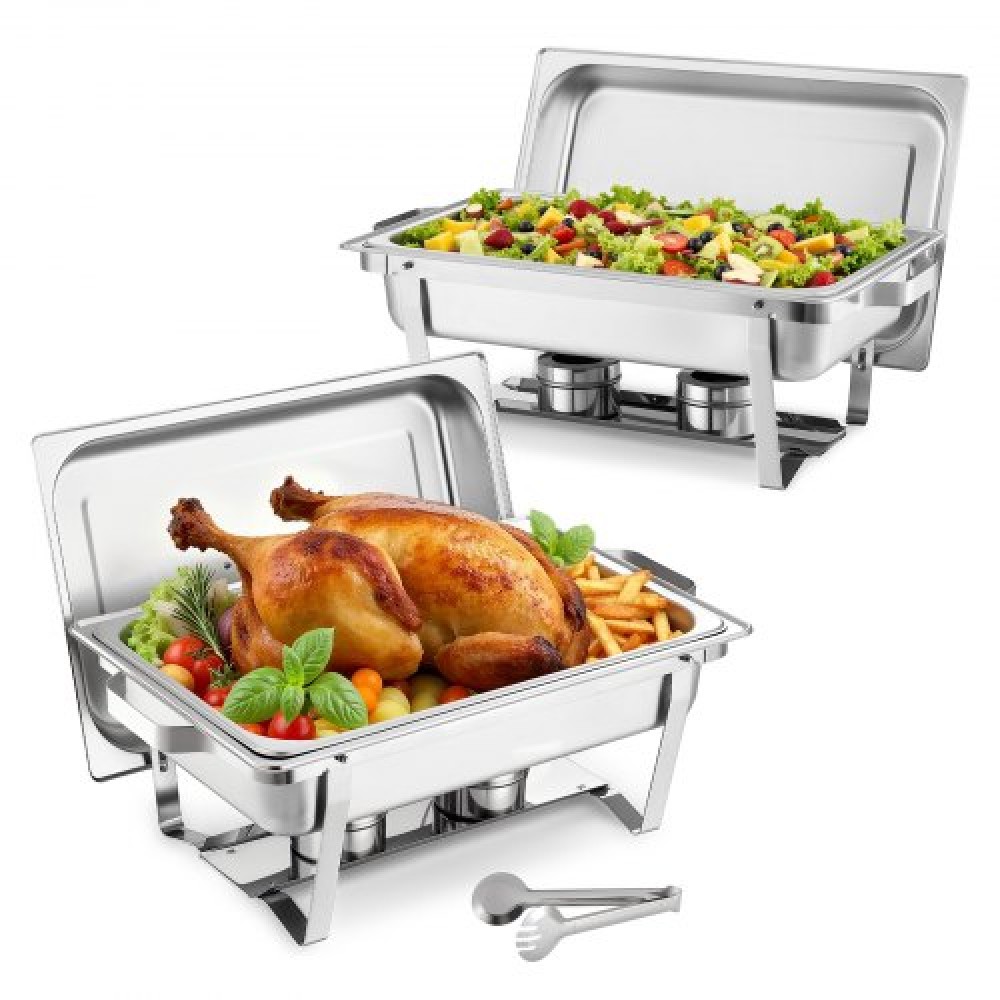 VEVOR Rectangle Chafing Dish, 8,5L 2 Pack Stainless Steel Dish of Chafing, Food Warmer Chafer Complete σετ με κούφια λαβή, 1 λαβίδα φαγητού, καπάκι, θήκη καυσίμου, πιάτα τσαγιού για πάρτι γάμου