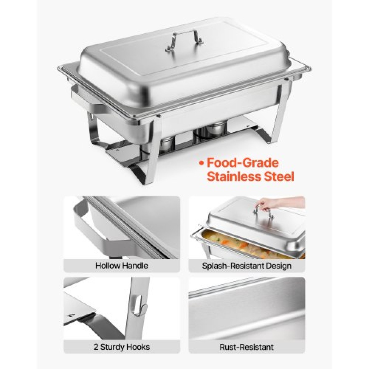 VEVOR Rectangle Chafing Dish, 8,5L 2 Pack Stainless Steel Dish of Chafing, Food Warmer Chafer Complete σετ με κούφια λαβή, 1 λαβίδα φαγητού, καπάκι, θήκη καυσίμου, πιάτα τσαγιού για πάρτι γάμου