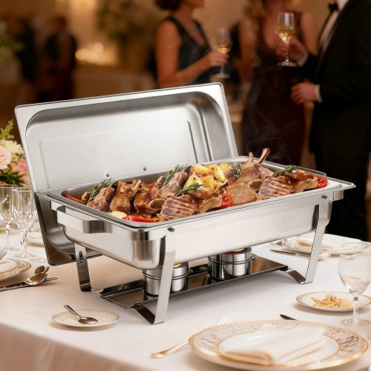 VEVOR Rectangle Chafing Dish, 8,5L 2 Pack Stainless Steel Dish of Chafing, Food Warmer Chafer Complete σετ με κούφια λαβή, 1 λαβίδα φαγητού, καπάκι, θήκη καυσίμου, πιάτα τσαγιού για πάρτι γάμου