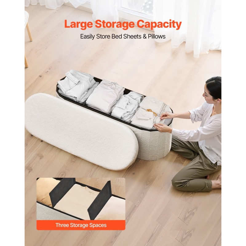 VEVOR Oval Storage Ottoman Πάγκος, Πτυσσόμενο Teddy Fleece End of Bed Bench, Πτυσσόμενο κρεβάτι με επένδυση Ottoman στήθος με μεγάλο αποθηκευτικό χώρο, υποστηρίζει 660 lbs, για σαλόνι, υπνοδωμάτιο, είσοδος, μπεζ
