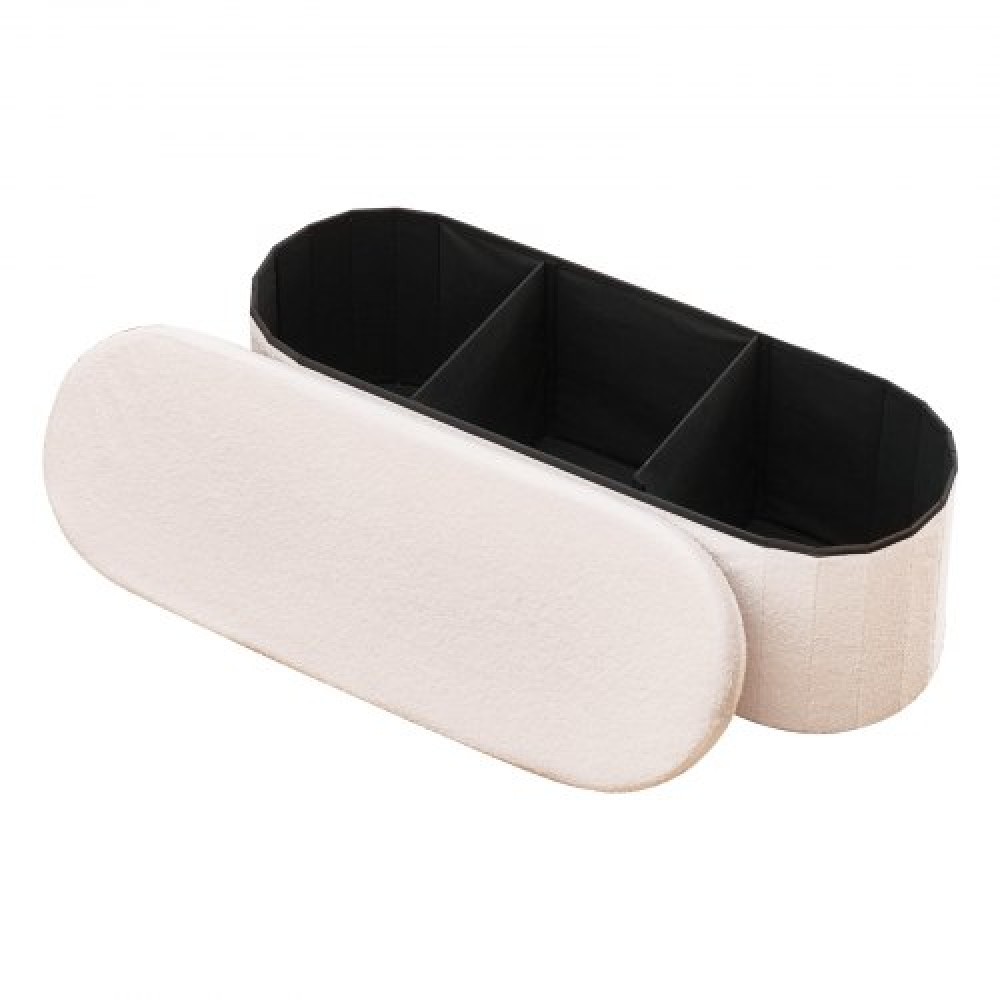VEVOR Oval Storage Ottoman Bench, Foldable Teddy Fleece End of Bed Bench, Folding Upholstered Bed Ottoman Chest with Large Storage Space, Supports 660 lbs, for Living Room, Bedroom, Entryway, Beige