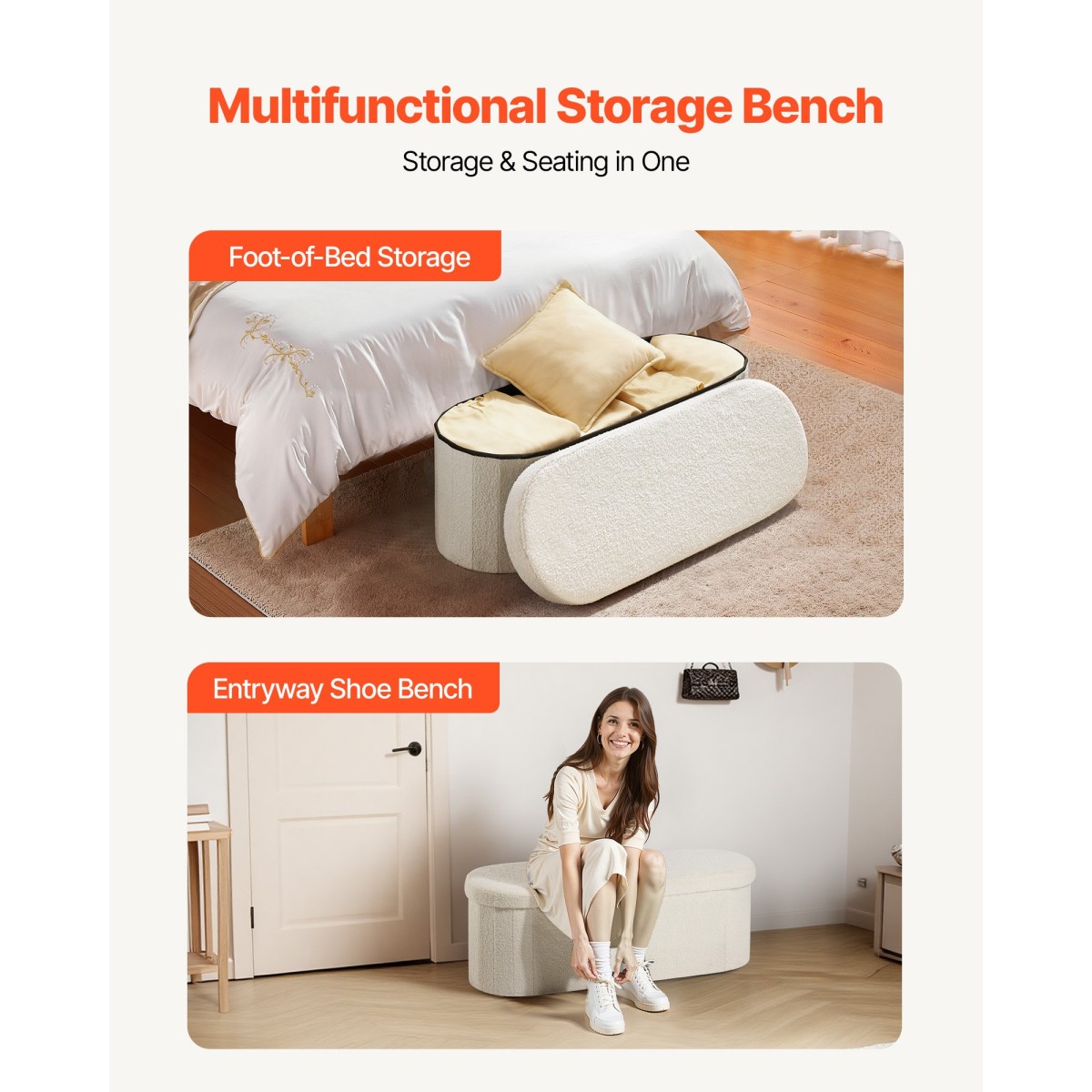 VEVOR Oval Storage Ottoman Πάγκος, Πτυσσόμενο Teddy Fleece End of Bed Bench, Πτυσσόμενο κρεβάτι με επένδυση Ottoman στήθος με μεγάλο αποθηκευτικό χώρο, υποστηρίζει 660 lbs, για σαλόνι, υπνοδωμάτιο, είσοδος, μπεζ