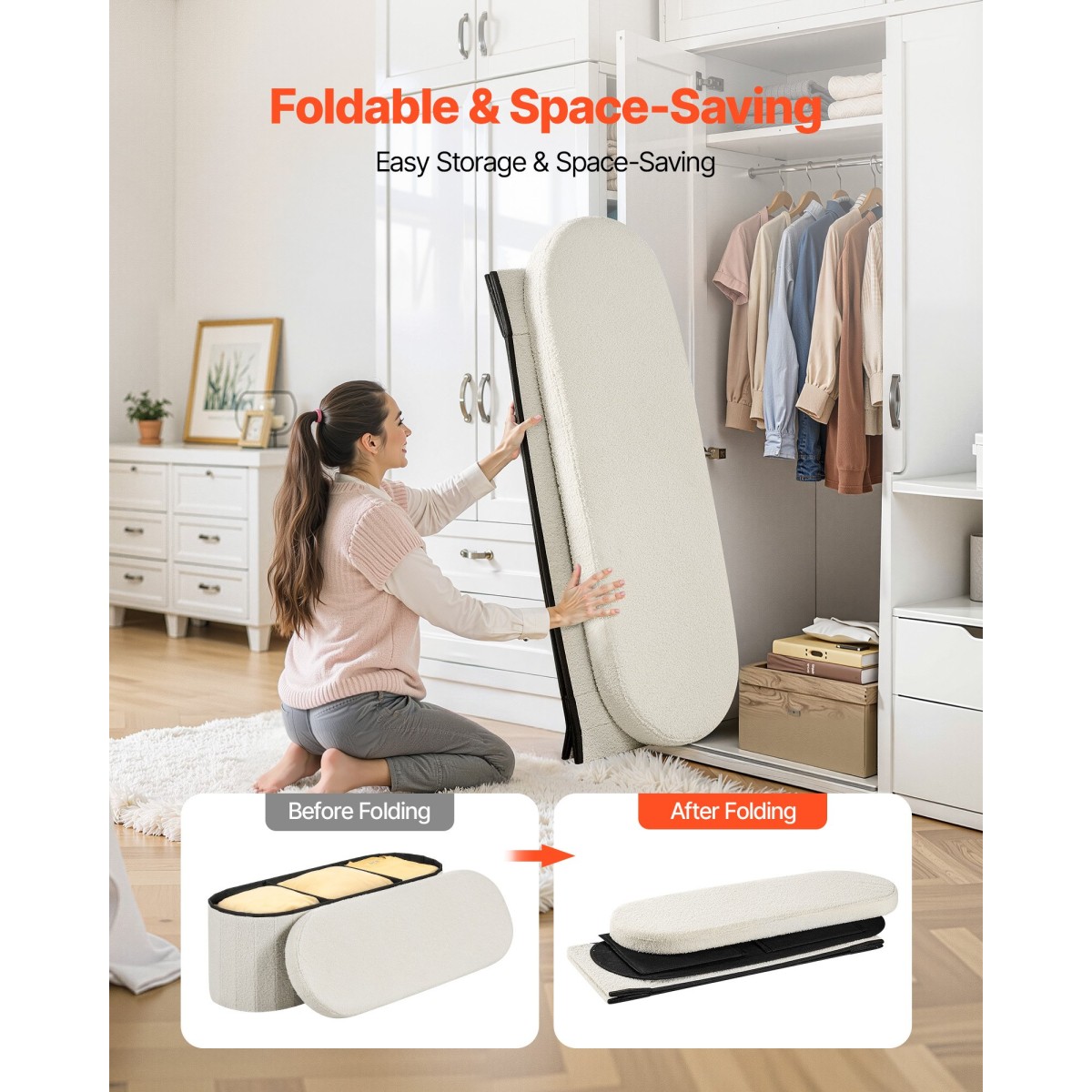 VEVOR Oval Storage Ottoman Πάγκος, Πτυσσόμενο Teddy Fleece End of Bed Bench, Πτυσσόμενο κρεβάτι με επένδυση Ottoman στήθος με μεγάλο αποθηκευτικό χώρο, υποστηρίζει 660 lbs, για σαλόνι, υπνοδωμάτιο, είσοδος, μπεζ