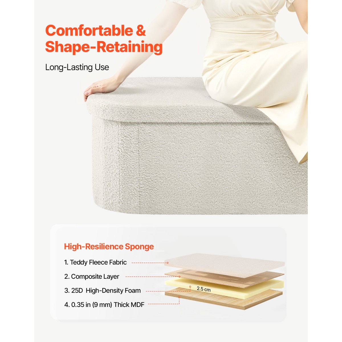 VEVOR Oval Storage Ottoman Πάγκος, Πτυσσόμενο Teddy Fleece End of Bed Bench, Πτυσσόμενο κρεβάτι με επένδυση Ottoman στήθος με μεγάλο αποθηκευτικό χώρο, υποστηρίζει 660 lbs, για σαλόνι, υπνοδωμάτιο, είσοδος, μπεζ