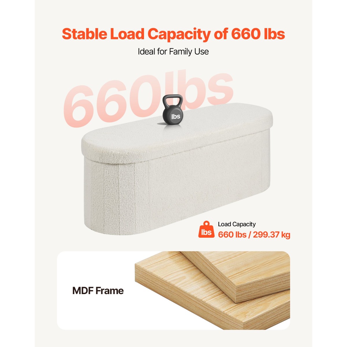 VEVOR Oval Storage Ottoman Πάγκος, Πτυσσόμενο Teddy Fleece End of Bed Bench, Πτυσσόμενο κρεβάτι με επένδυση Ottoman στήθος με μεγάλο αποθηκευτικό χώρο, υποστηρίζει 660 lbs, για σαλόνι, υπνοδωμάτιο, είσοδος, μπεζ
